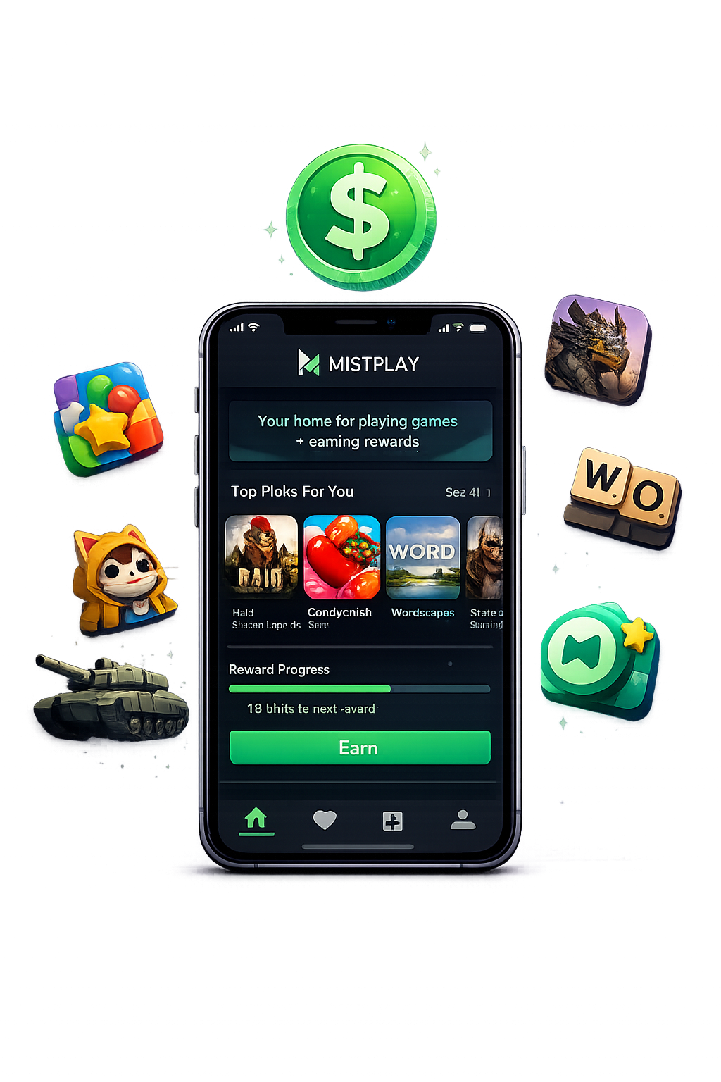 MISTPLAY app interface showing game selection and rewards